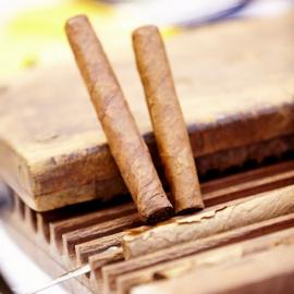 risch gerollte Zigarren auf einer Zigarrenform aus Holz