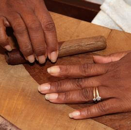 Eine Zigarrenrollen mit einem neuen Tabakblatt