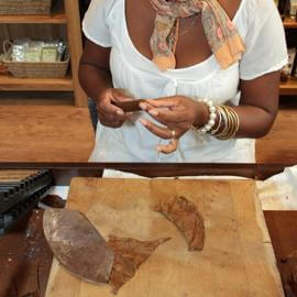 Zigarrendreherin dreht das mudstück einer neuen Zigarrre