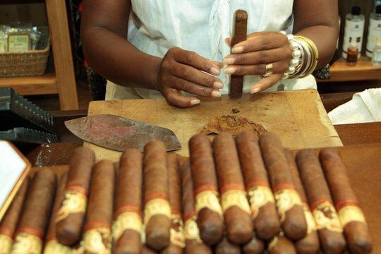 Stapel von frisch gedrehten kubanischen Zigarren auf dem Tisch der zigarrendreherin